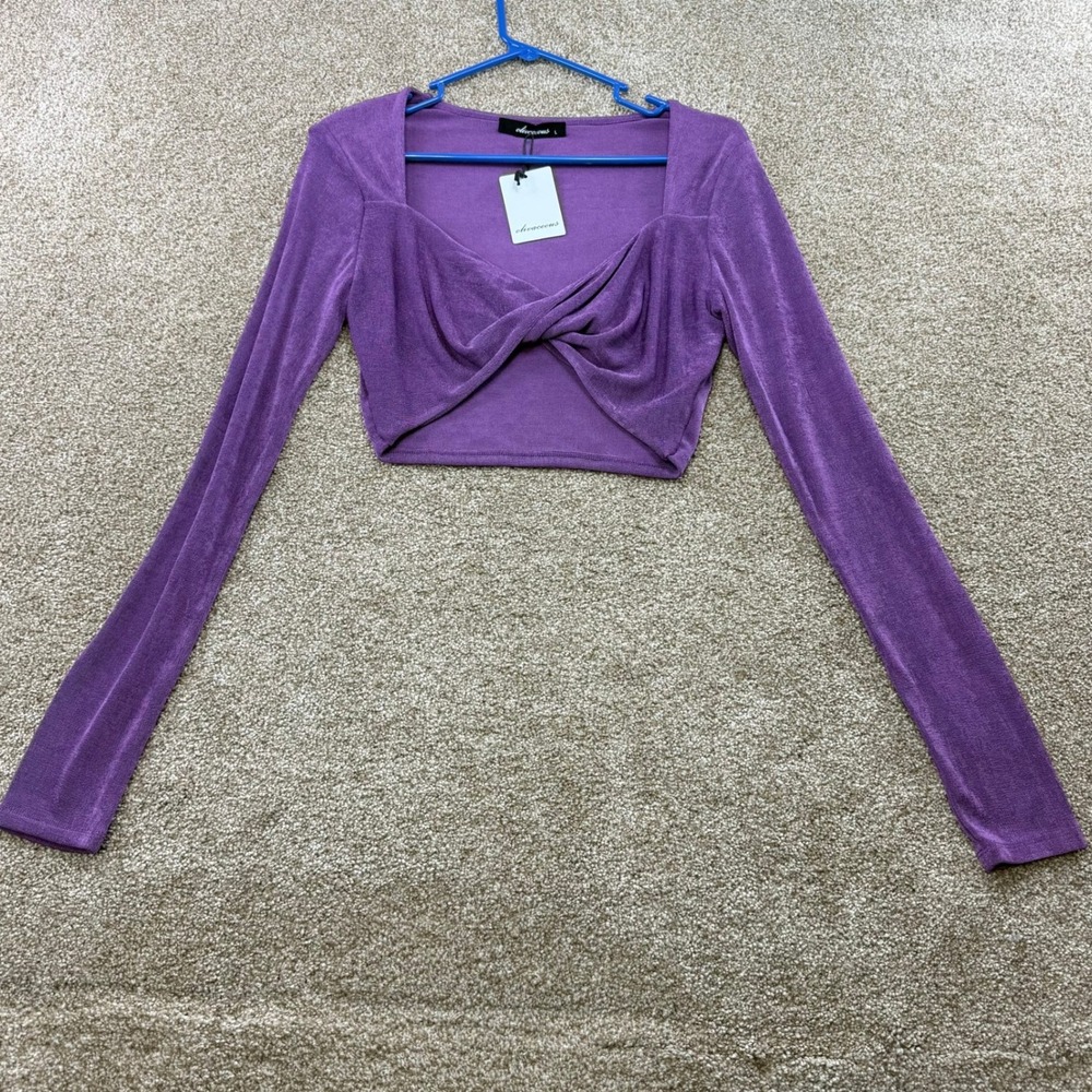 Olivaceous Purple Long Sleeve Twist Front Crop Top Womens Large NEW Festival L